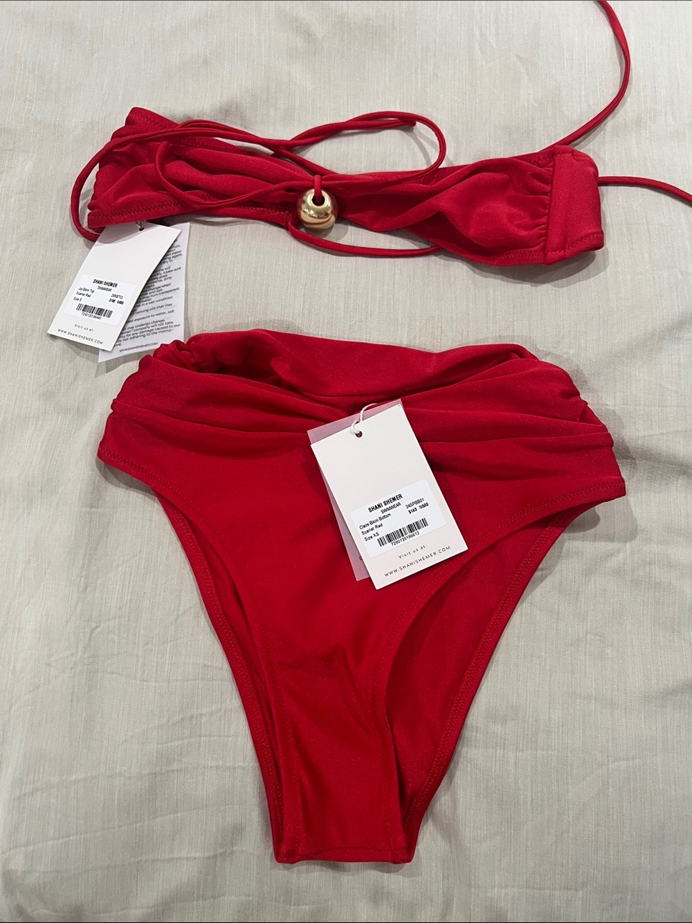 Sofia Red Ruched High-Waist Bikini Set top Size S bottom Size XS